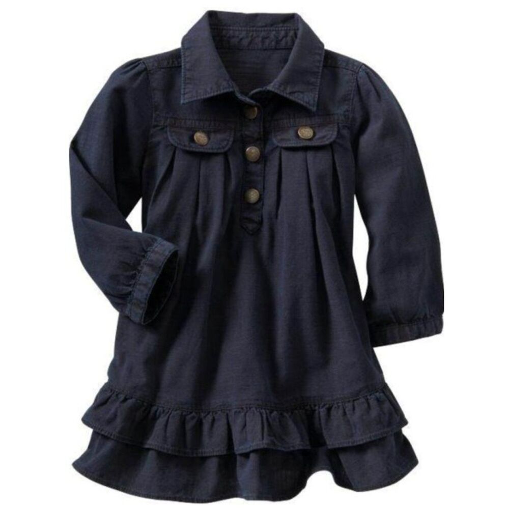 NEW Baby Gap kids girls dress 5 navy blue denim jean jean ruffle hem long sleeve